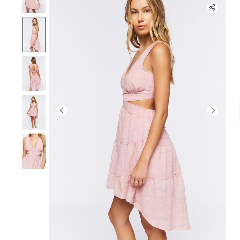 Cutout High-Low Midi Dress - Pink Linen Open Back Deep V Mini Dress - Picture 3 of 6
